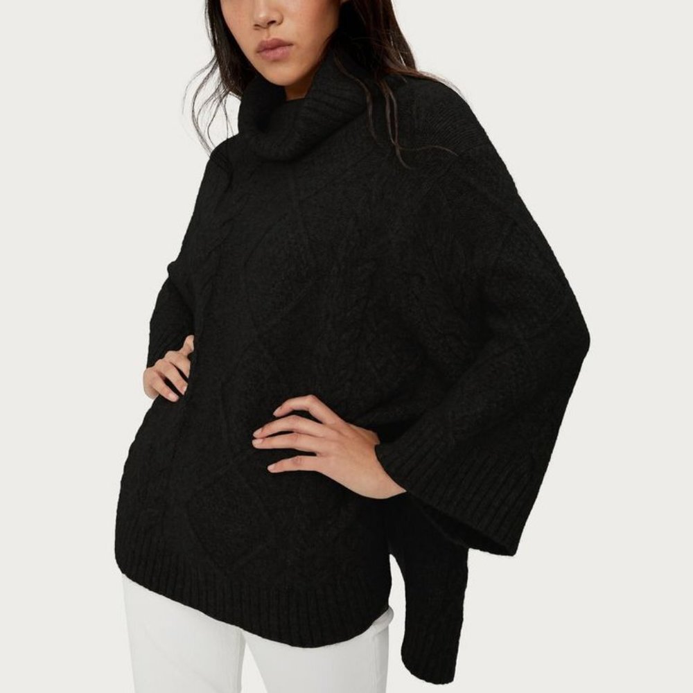 Black Michael Stars Cable Chunky Knit 3/4 Sleeve Turtleneck Poncho Sweater (NWT)